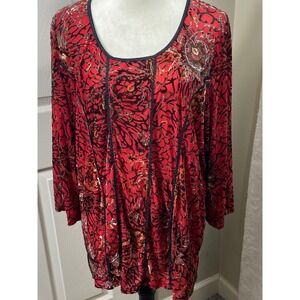 Only Nine Woman 3X Vintage Sheer Red Floral Burnout Long Sleeve Tunic Whimsigoth
